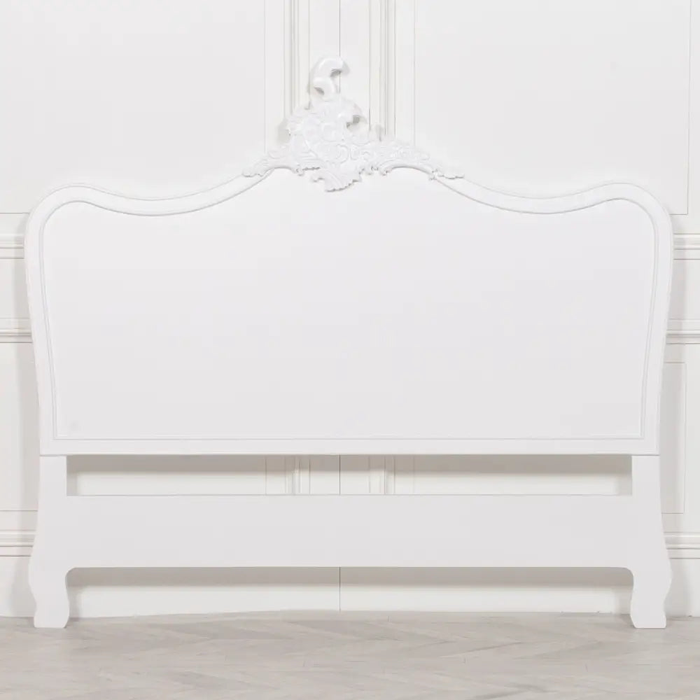 Elegant French White 4ft6 Double Headboard featuring ornate curved top and decorative carving