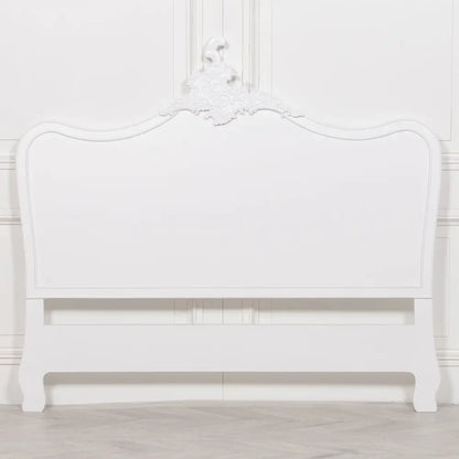 Elegant French White 4ft6 Double Headboard featuring ornate curved top and decorative carving