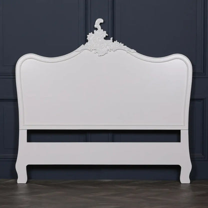 Ornate white headboard with curved top in Elegant Antique French White 5ft King Size design