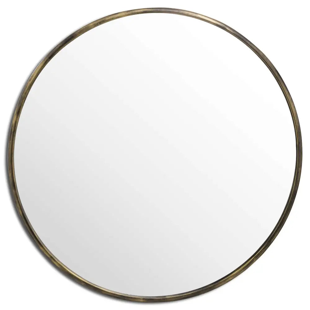 Circular mirror with a sleek metallic frame, perfect for an Antique Brass Large Narrow Edged Mirror