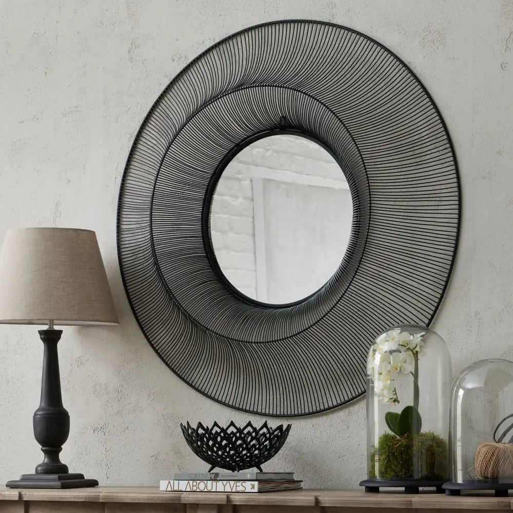 Chico Black Large Wire Mirror features a circular design with a textured wire frame