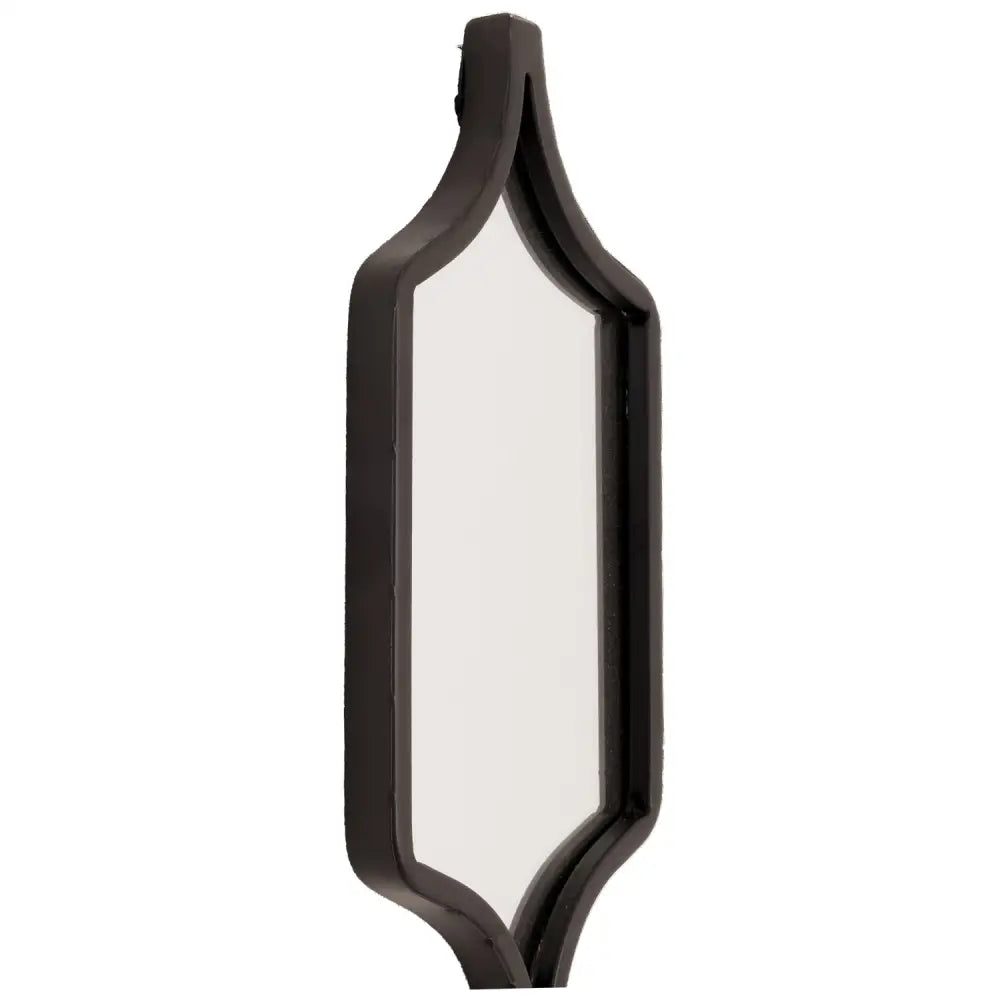 Elongated hexagonal black hanging mirror with a sleek frame, perfect for decor