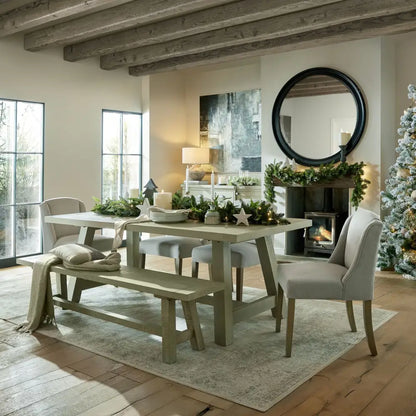 Dining table with rustic-modern chairs and Stunning Elegance Black Wood Round Mirror