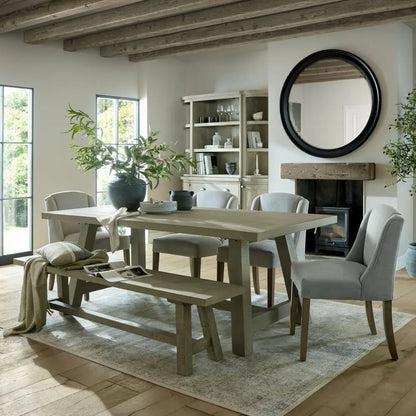 Rustic wooden dining table set with stunning elegance black wood round mirror backdrop