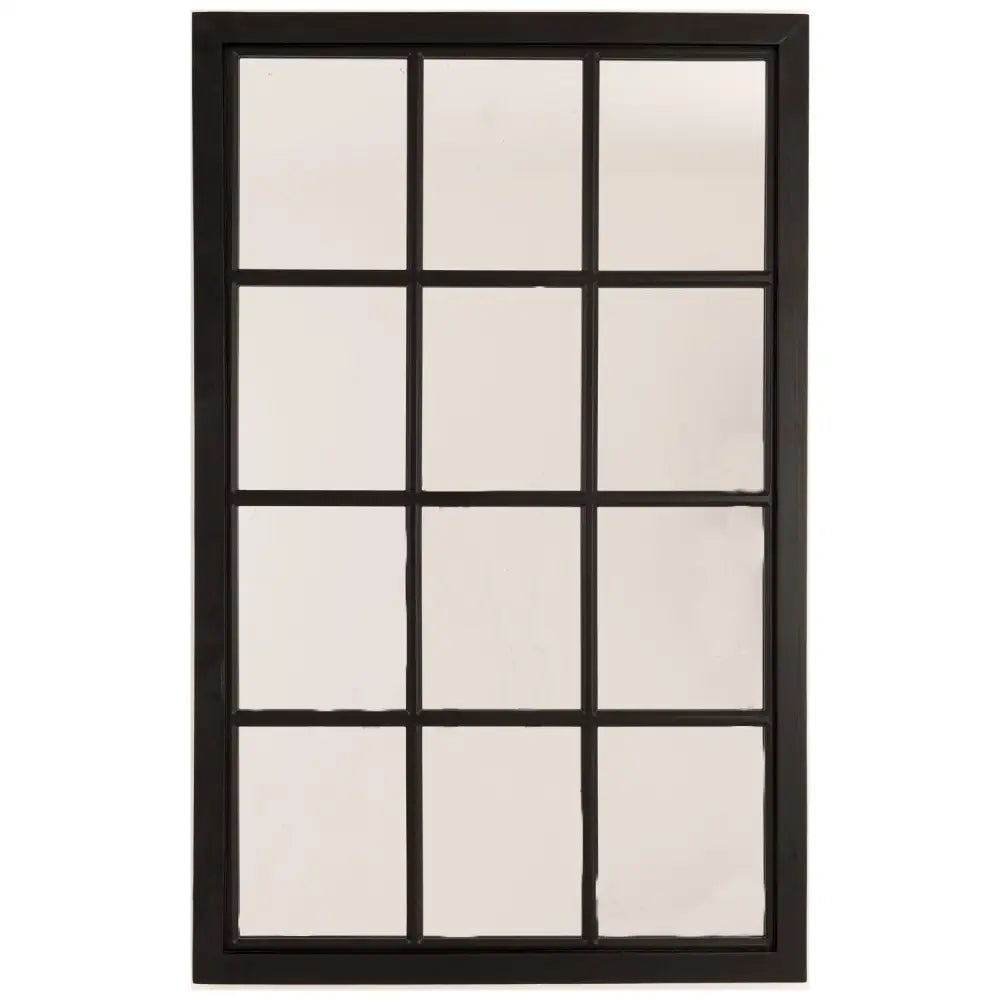 Black-framed wooden window mirror with twelve panes for a stylish home vibe