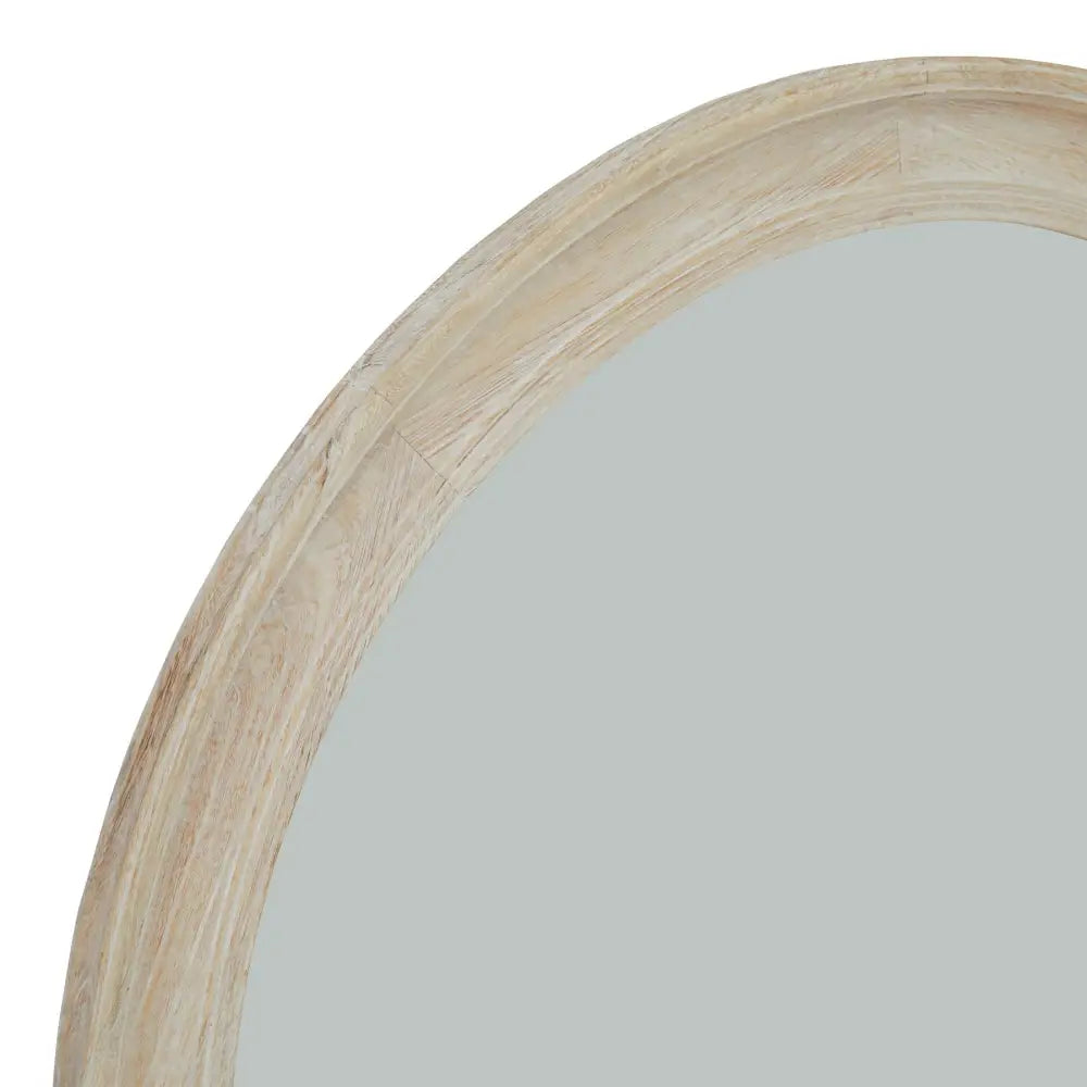 Circular mirror with a light wooden frame, effortlessly combining rustic washed wood round style