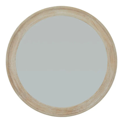 Washed Wood Round Mirror with Light Wooden Frame, effortlessly combining rustic charm