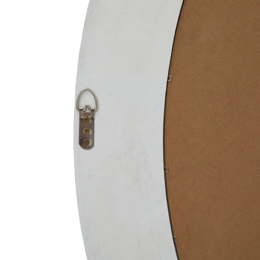 Curved edge of a Washed Wood Round Mirror with rustic metal hook for easy hanging