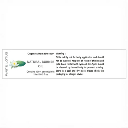 Product label for Natural Burner Oil in a Green Metal Storage Box with Taya Lilac Oil