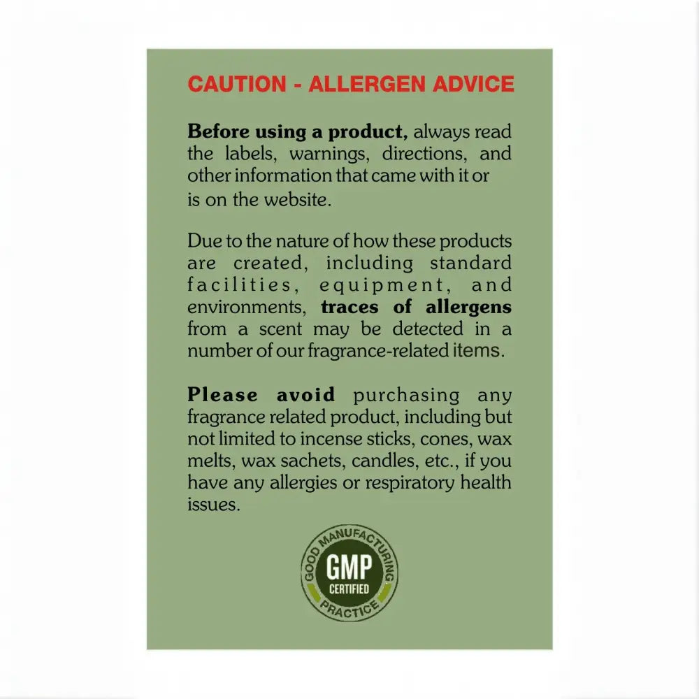 Allergen advice notice with caution and GMP logo on Green Metal Storage Box with Taya Lilac Oil