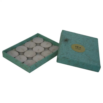 Box of white tea light candles with teal lid for Taya Lilac Oil Burner and wax melts