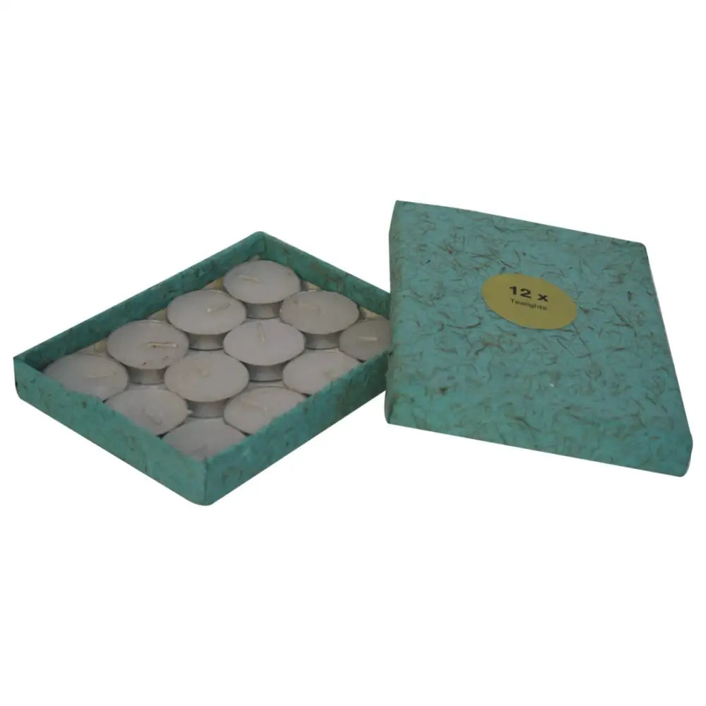 Box of tea light candles with teal lid for Taya White Oil Ceramic Diffuser Set