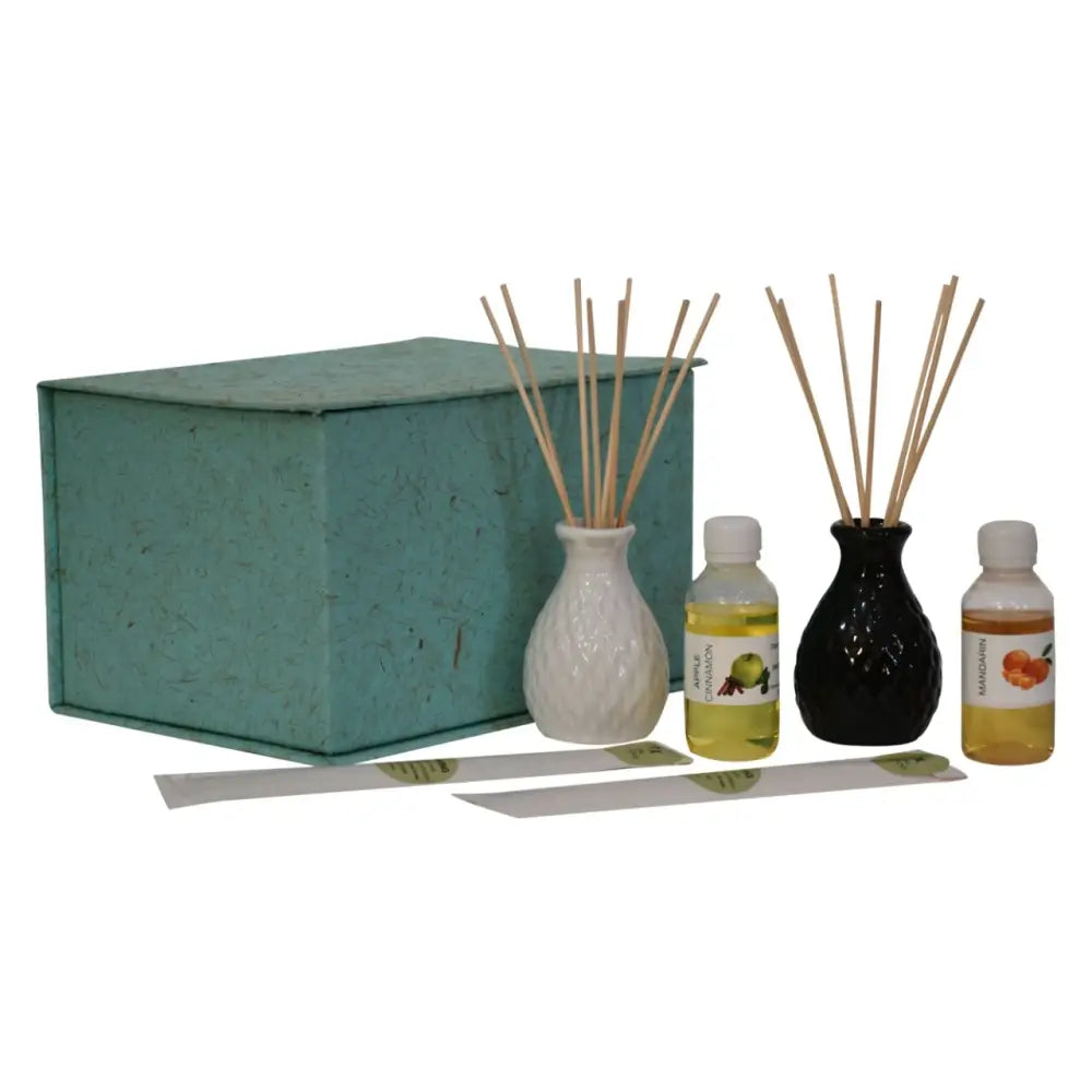 Reed diffuser set with ceramic vases and oils for a cozy home vibe in autumn