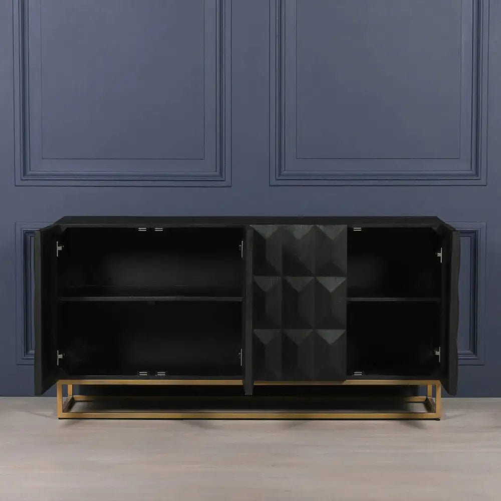 Black Mago Wood Diamond Pattern Sideboard with a gold-toned base frame, stylish and modern