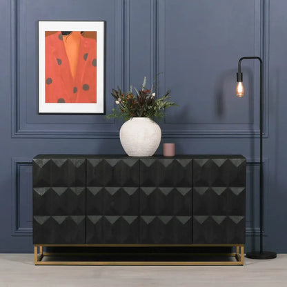 Black Mago Wood Diamond Pattern Sideboard with gold base and three stylish doors