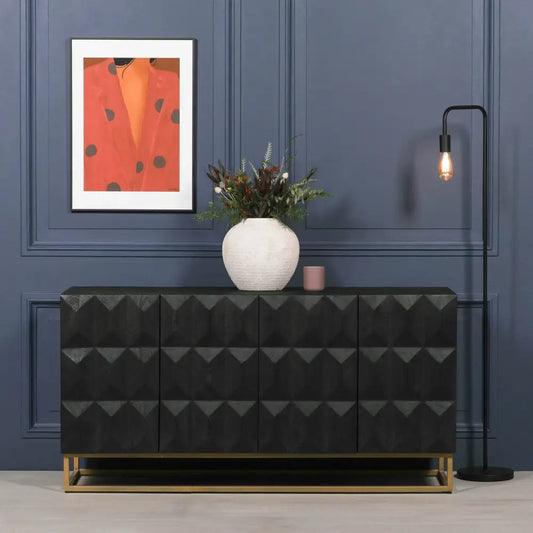 Black Mago Wood Diamond Pattern Sideboard with gold base and three stylish doors