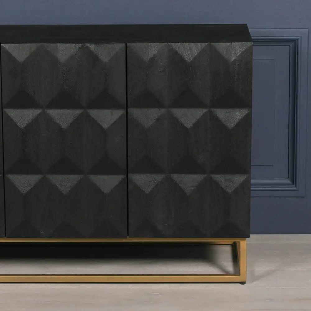 Dark gray Mago Wood Diamond Pattern Sideboard on a gold base adds chic style