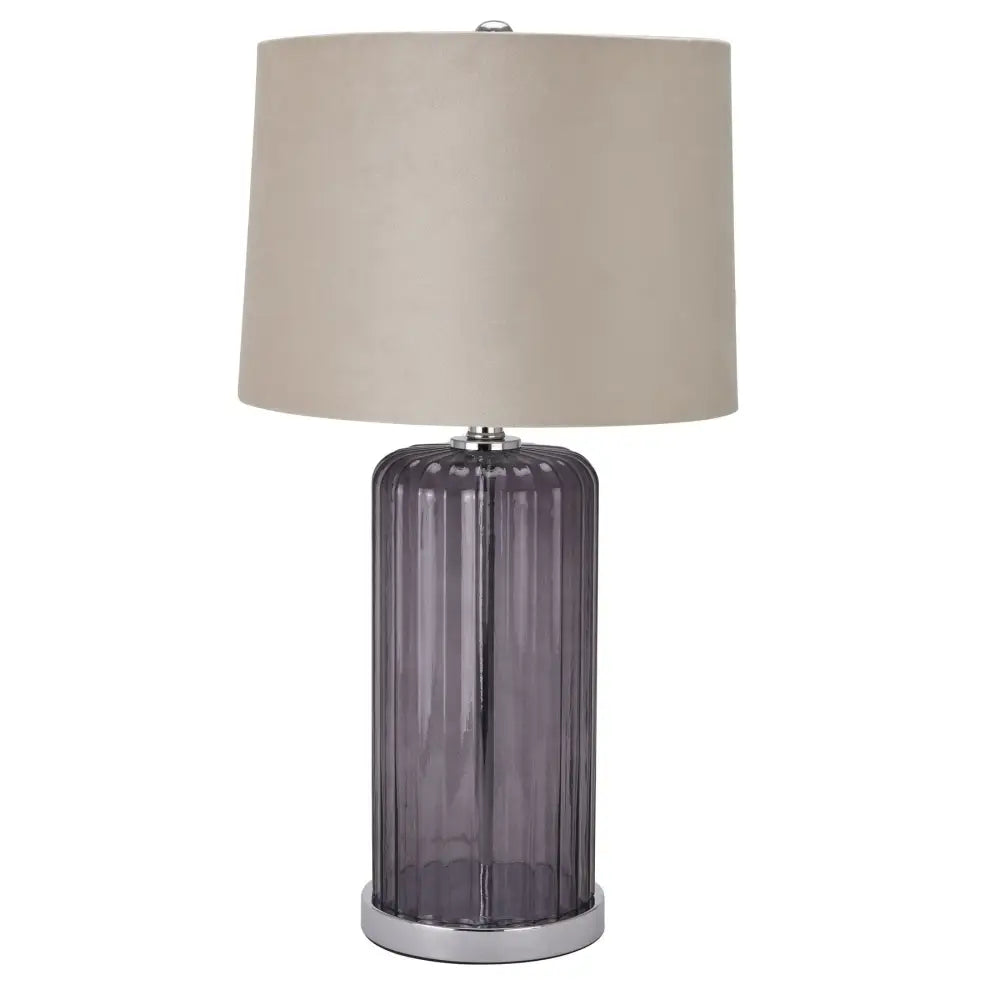 Alberta Metallic Glass Table Lamp with smoky gray base and beige fabric shade