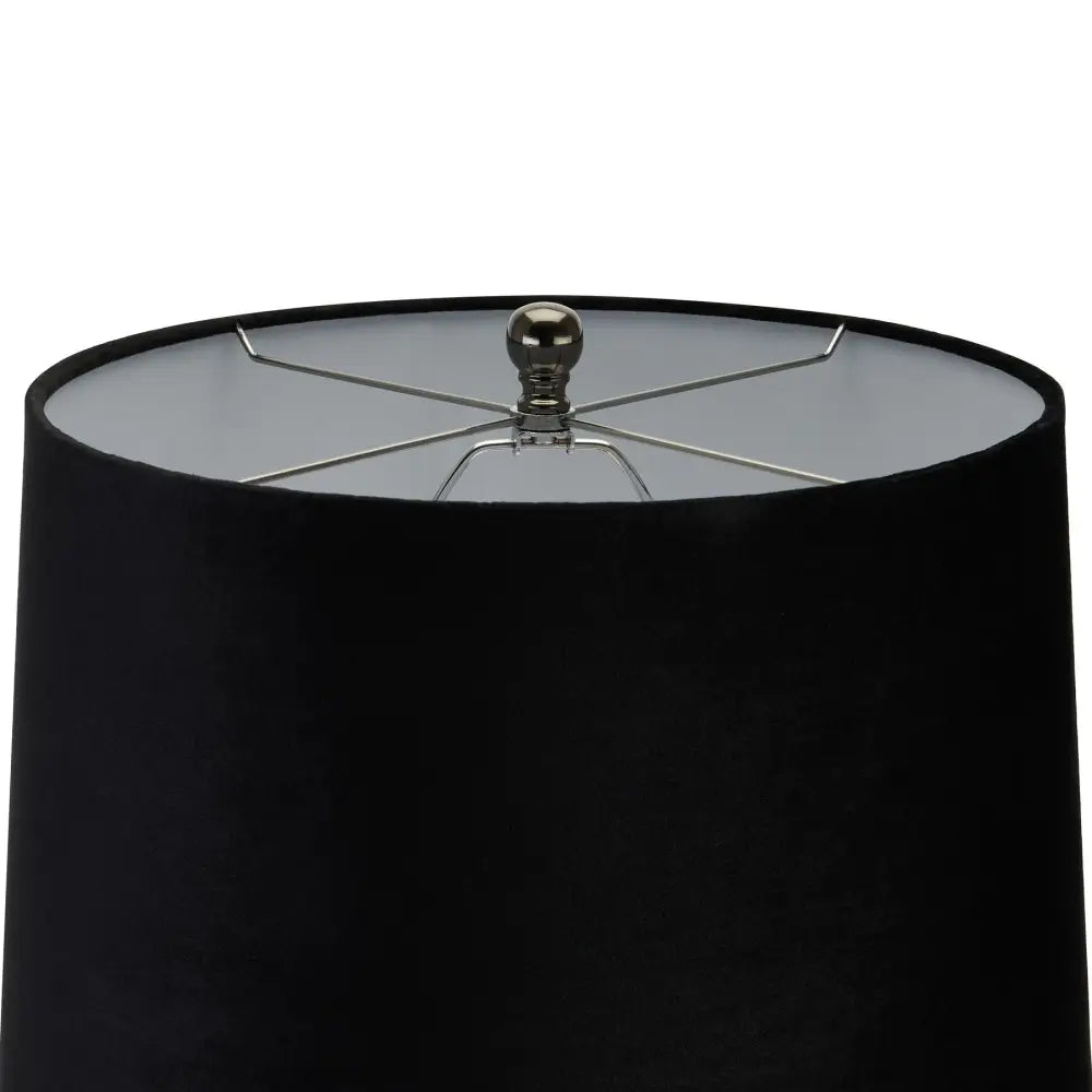 Black cylindrical lampshade with finial on Amber Dapple Acanthus Lamp for stylish decor