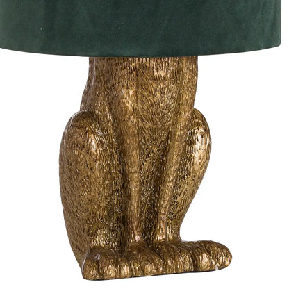 Gold Hare Table Lamp with Green Velvet Shade and textured antique gold hare base