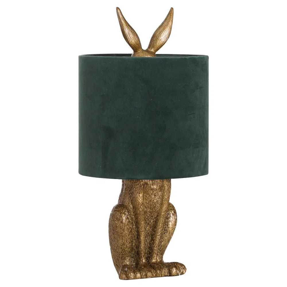 Whimsical Gold Hare Table Lamp with a green velvet shade and textured detail