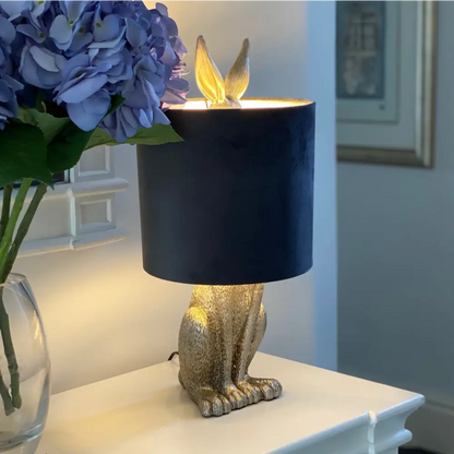 Gold rabbit-shaped lamp base with black shade for Silver Hare Table Lamp