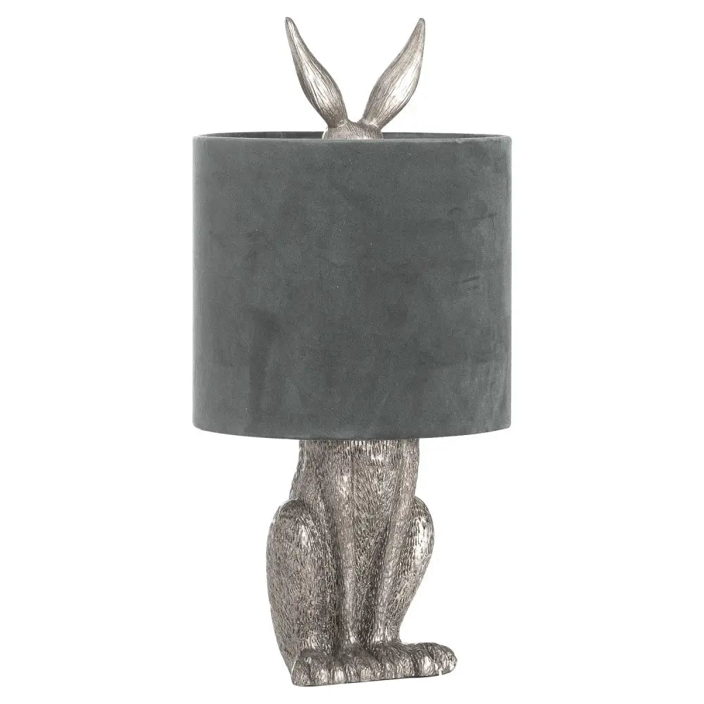 Silver Hare Table Lamp with grey velvet shade and cute bunny ears design