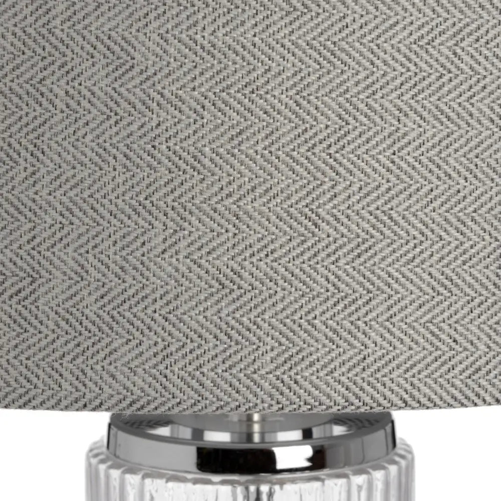 Textured gray herringbone lampshade on Roma Glass Table Lamp for a stylish touch